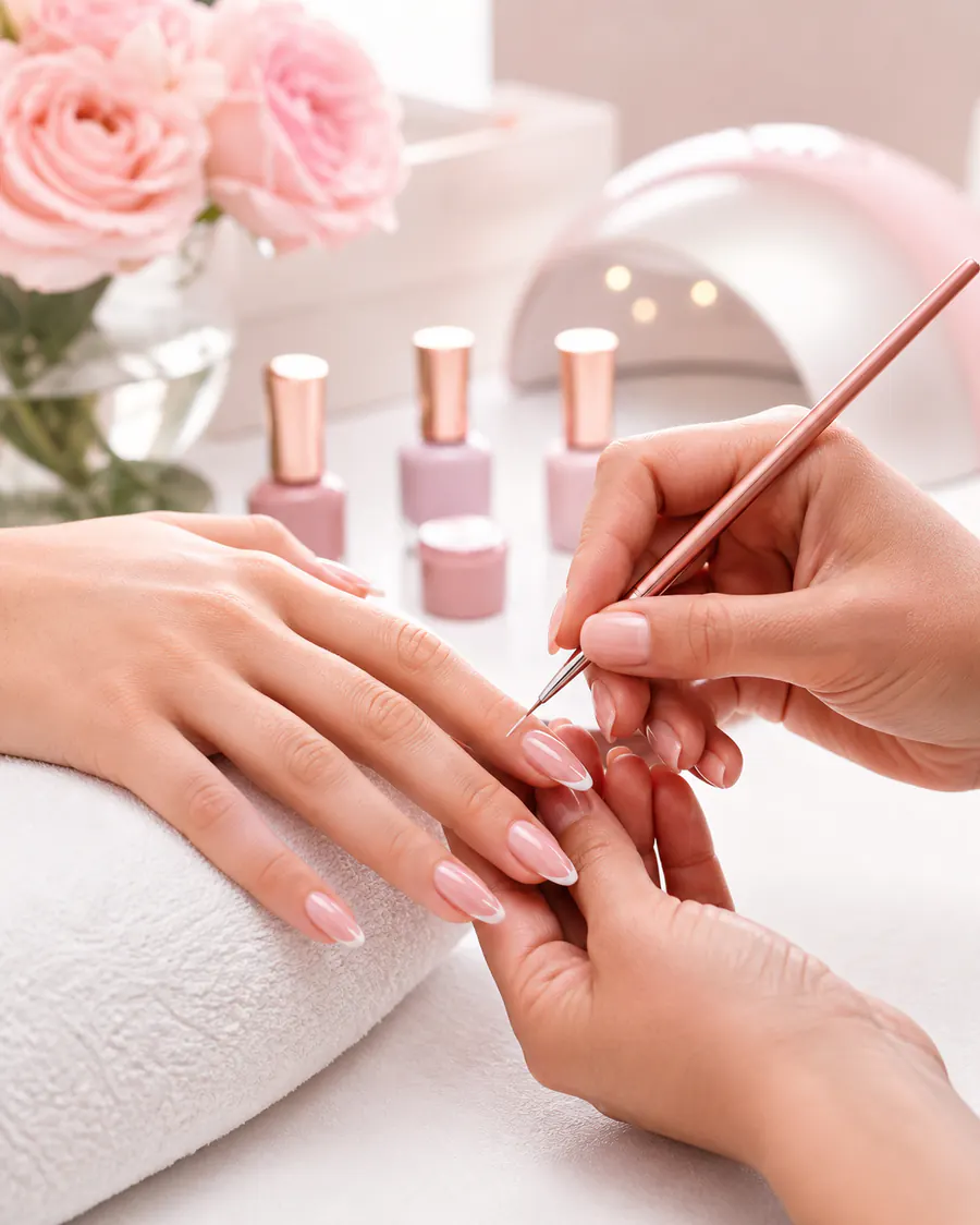 Nagelstylistin zeichnet ein feines Nageldesign mit einem Pinsel